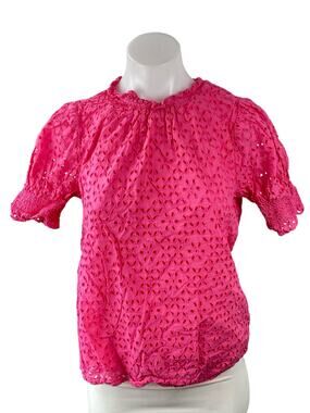 J,Crew Women's Pink Embroidered Eyelet Short Puff Sleeve Mock Neck Blouse Top S